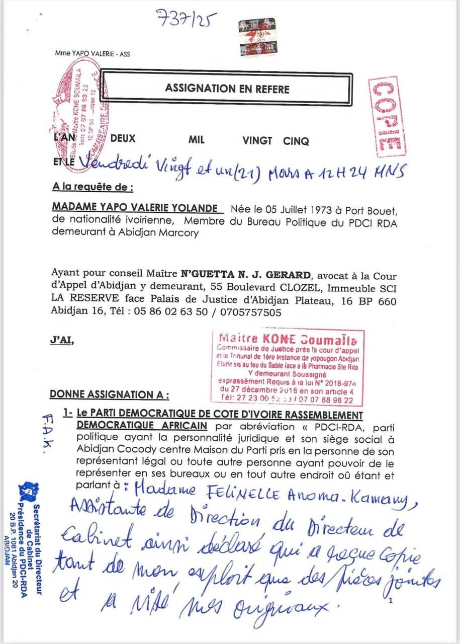 CIV/Affaire "Valérie Yapo-PDCI-Thiam": Une nouvelle assignation, que va décider la justice vendredi 28 mars ?