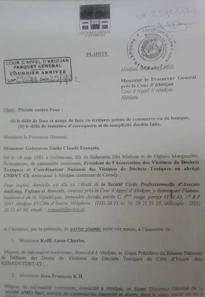 Côte d’Ivoire/Déchets toxiques: Pour faux et usage de faux en écriture privée, Charles Koffi encore devant les tribunaux?